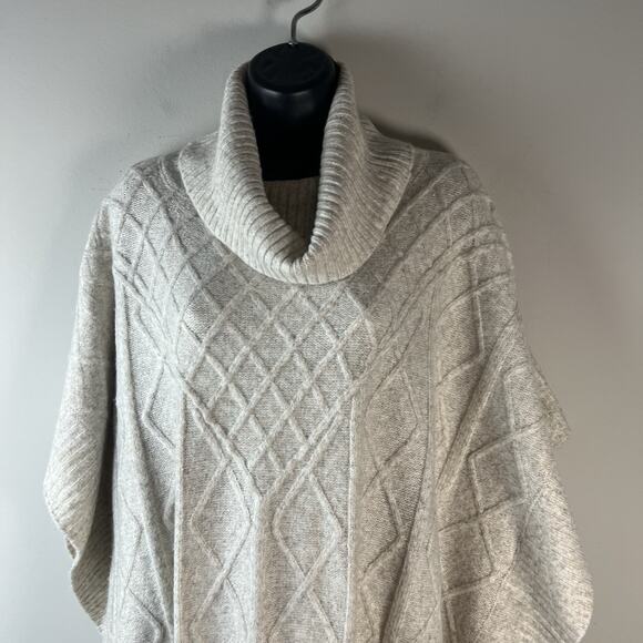 LOFT Womens M/L Cream Cable Knit Lattice Cowl Neck Poncho Sweater Soft Stretch - Picture 2 of 11